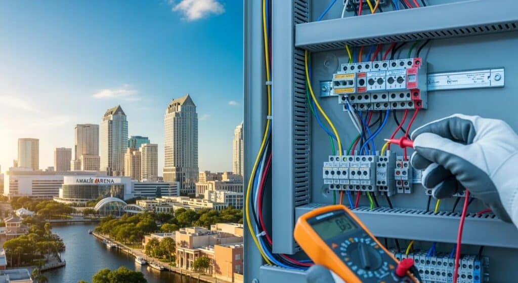 Electrician working on electrical panel with multimeter, Tampa skyline including Amalie Arena in background, emphasizing licensed electrical services.