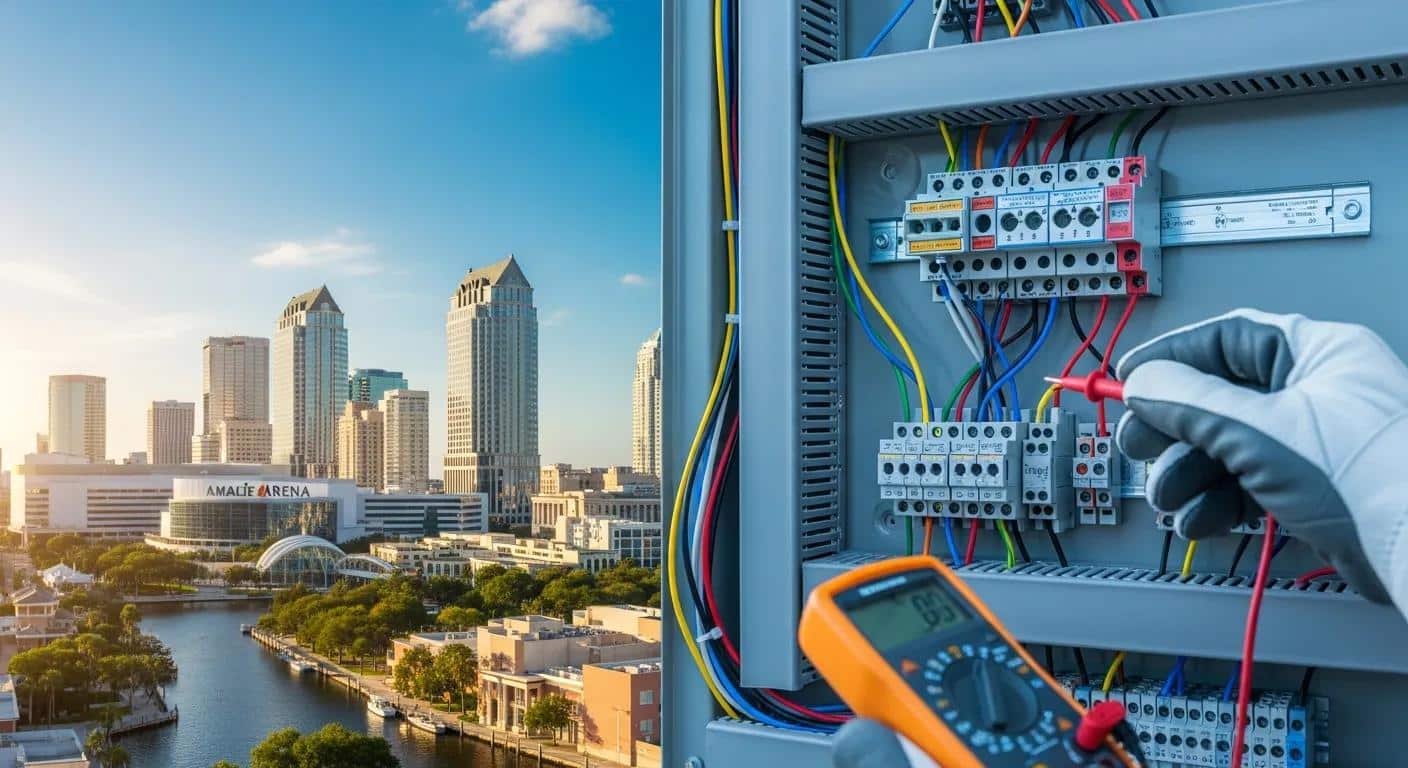 Electrician testing circuits in a control panel with Tampa skyline and Amalie Arena in the background, emphasizing licensed and insured electrical work.