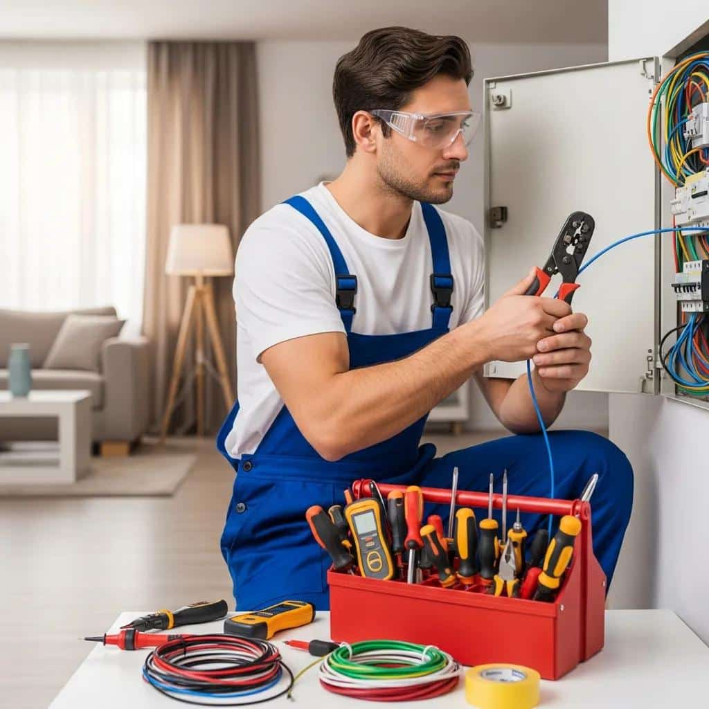 Electrician in blue overalls performing residential electrical work, using tools on an electrical panel, with a toolbox containing various tools in a well-lit living room setting.