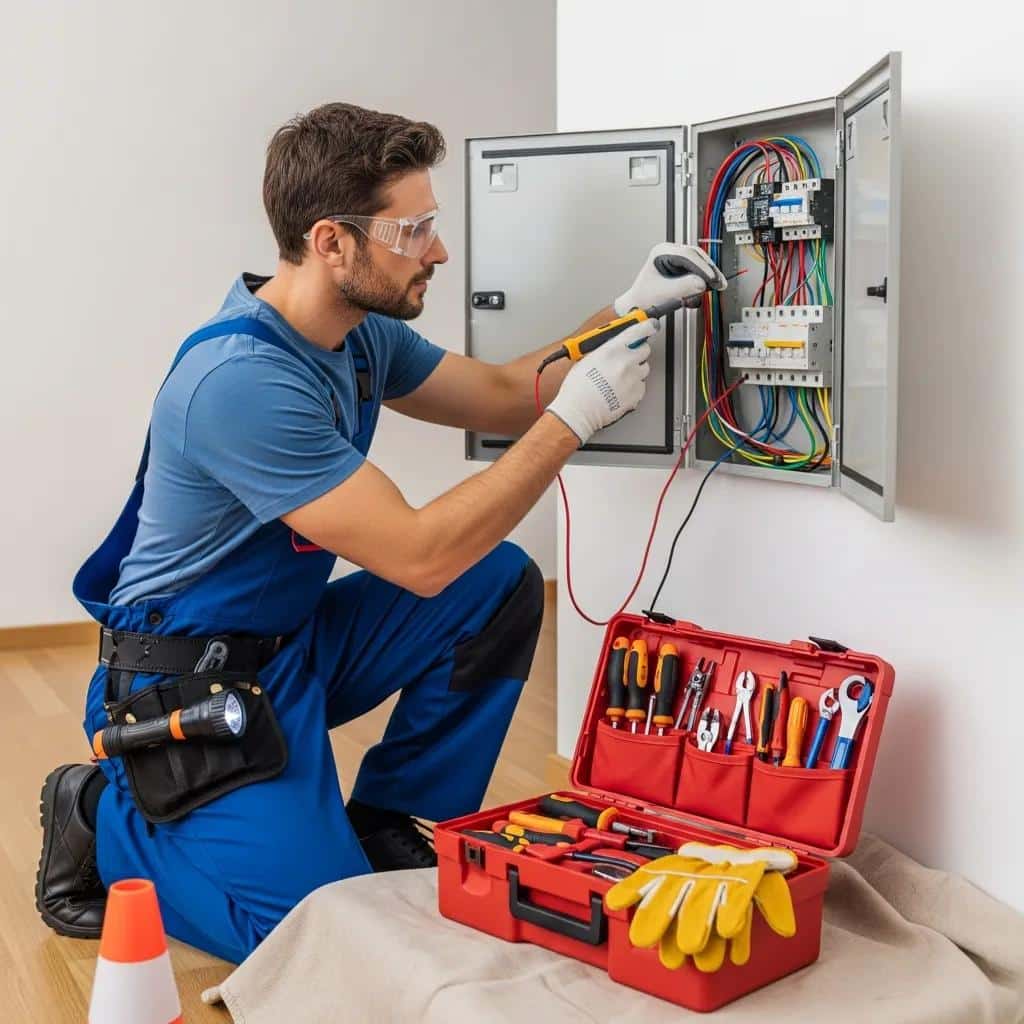 Electrician working on a residential electrical panel, highlighting expertise and safety in electrical services