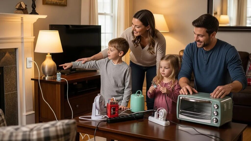 Cozy home atmosphere with family practicing electrical safety around appliances, focusing on safety features