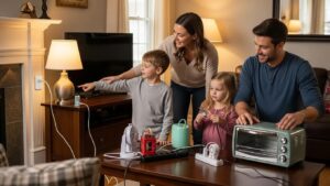 Family gathered in living room demonstrating electrical safety and home maintenance.