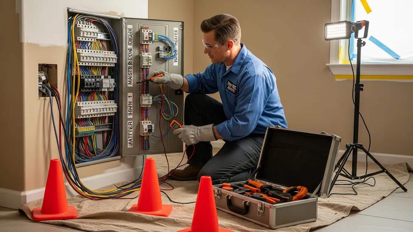 Electrician working on home electrical panel showcasing safety and home improvement