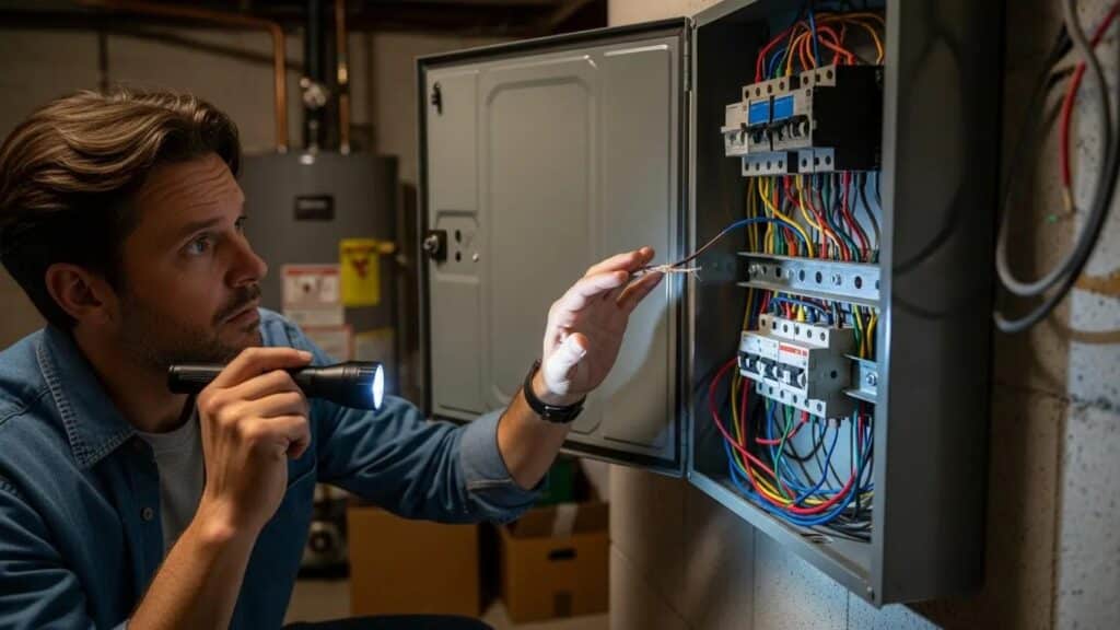 Homeowner inspecting electrical panel for signs of faulty wiring