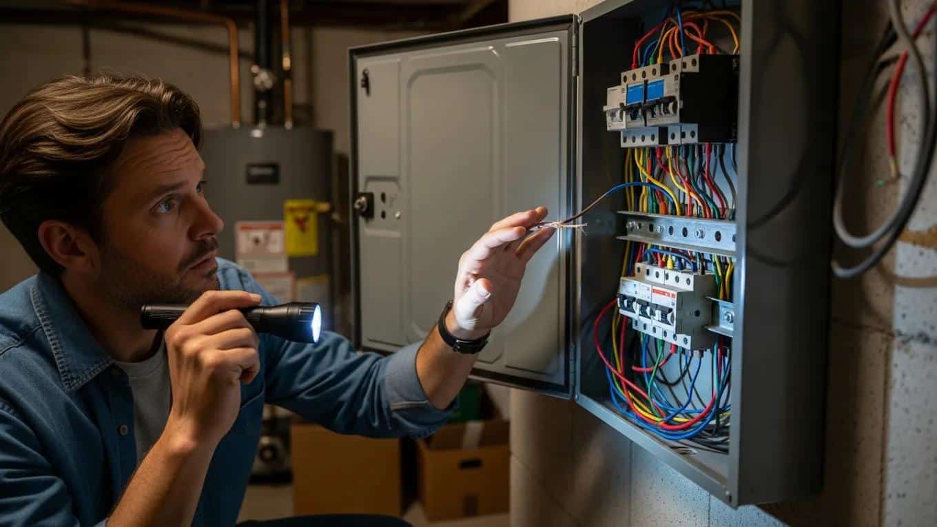 Homeowner inspecting electrical panel for signs of faulty wiring