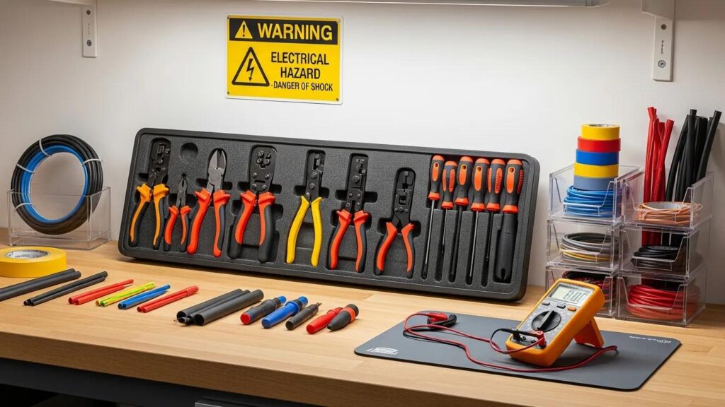 Electrical tools and organized workspace highlighting safety and maintenance for homeowners