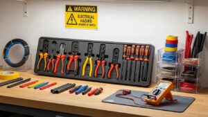 Organized electrician's tools and wiring, highlighting electrical safety and maintenance for homeowners in Tampa Bay.