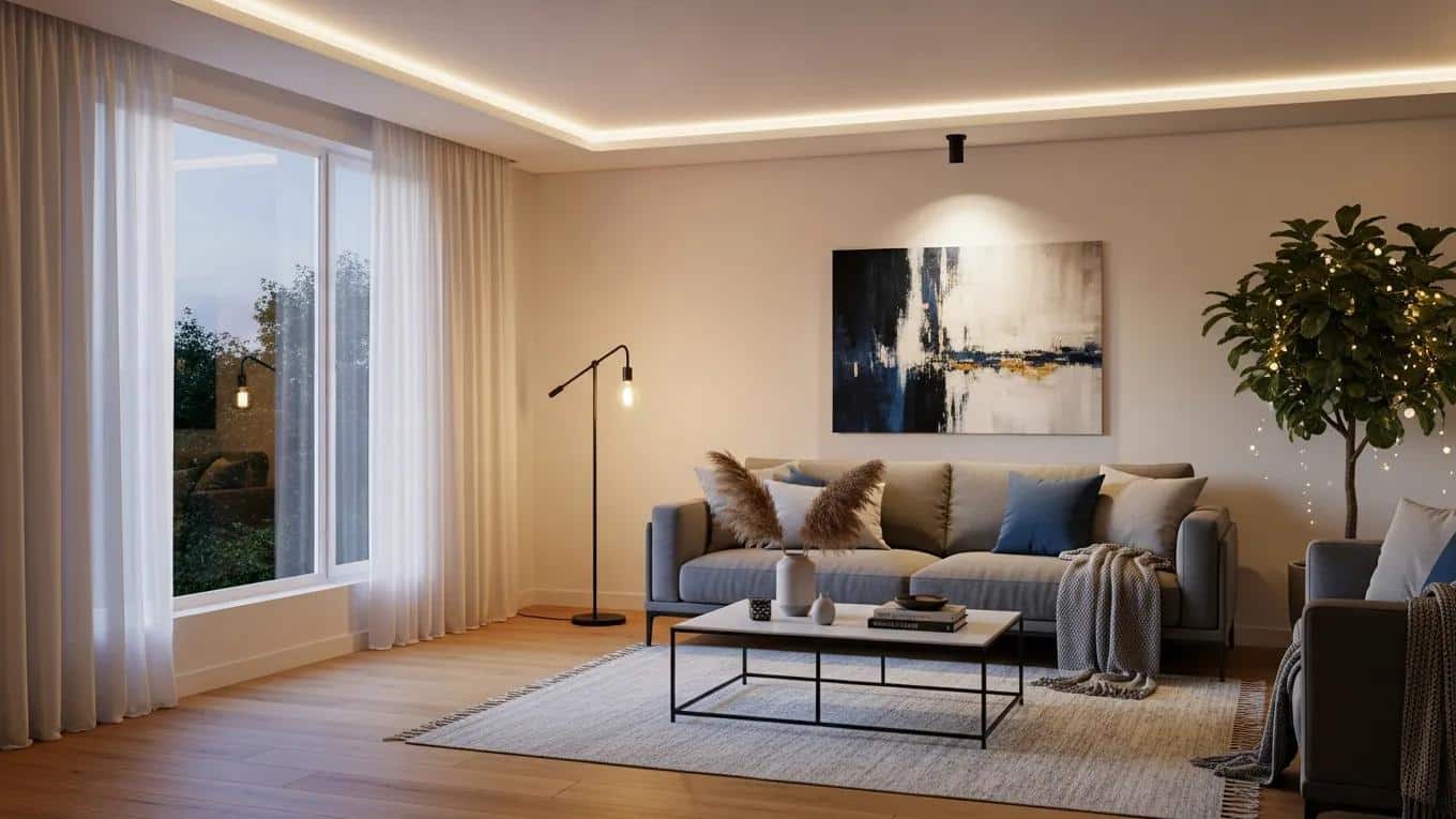 Modern living room with energy-efficient LED lighting and warm atmosphere.