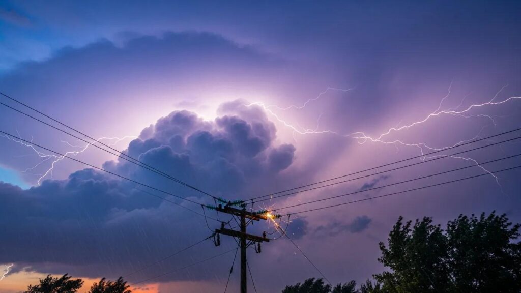 Severe storm with lightning striking power lines, illustrating the causes of power surges and outages