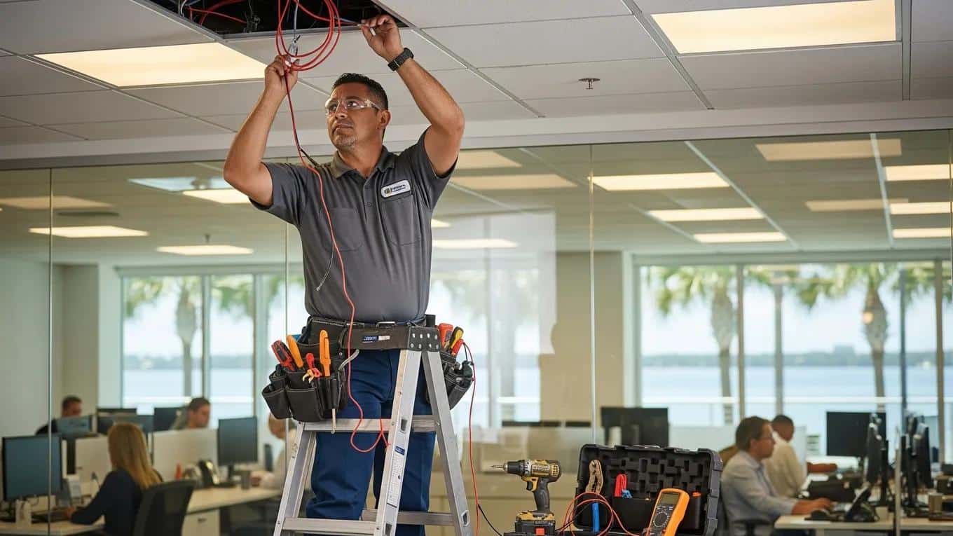 Skilled commercial electrician working on electrical systems in a Tampa Bay office